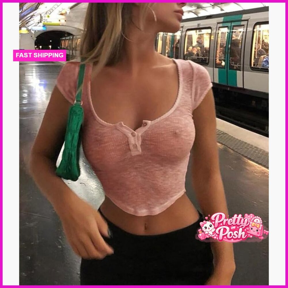 Polyester See Through Crop Top Button Front Squar… - image 4